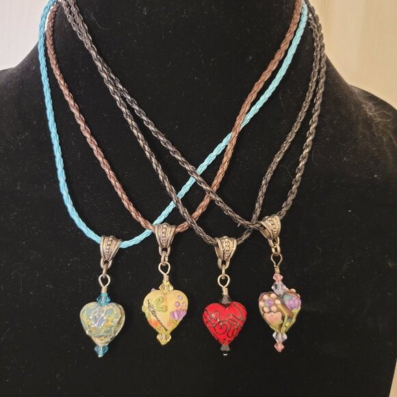 Lot of 4 Glass Heart Bead Corded Necklaces - Picture 1 of 13